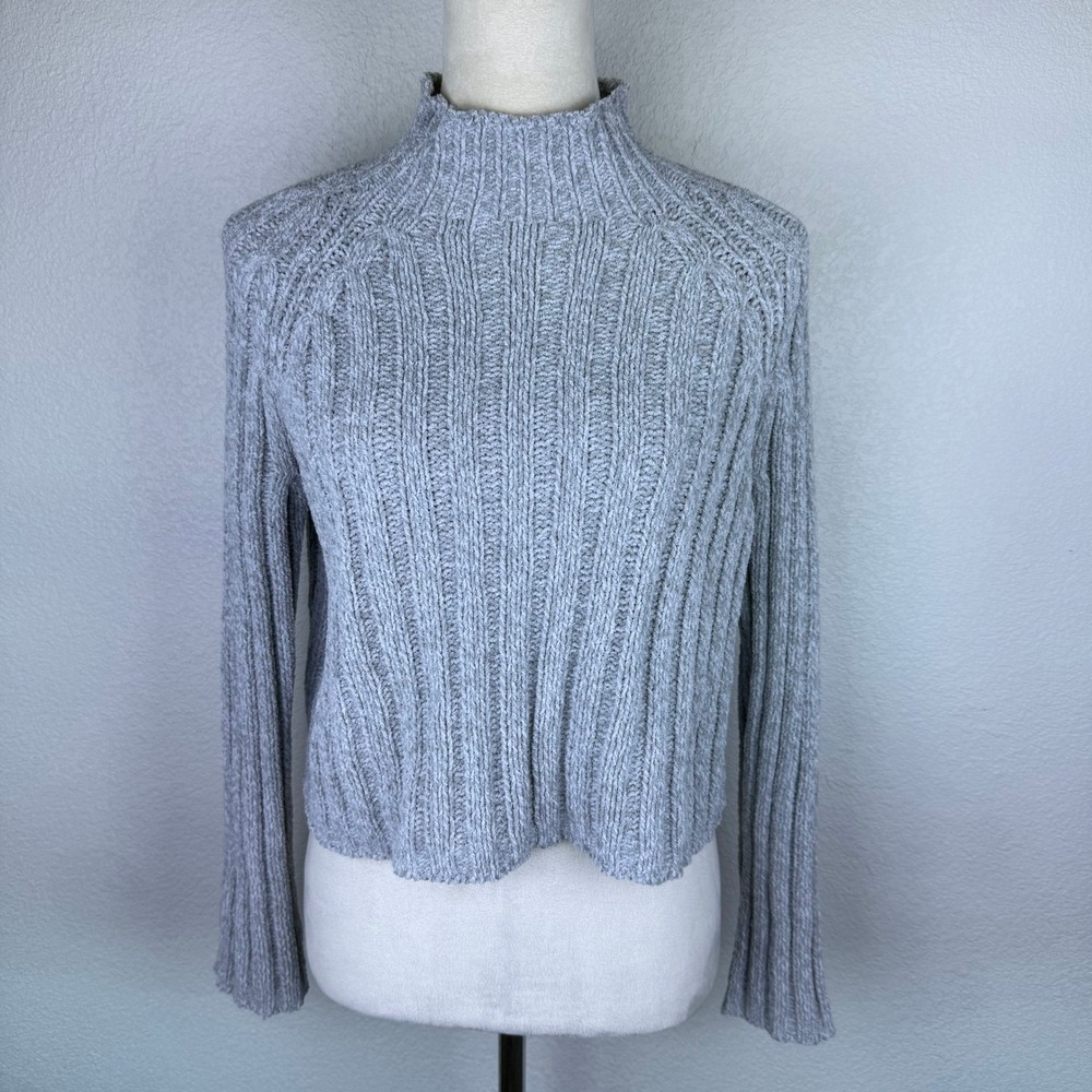 American Eagle Grey Chenille Ribbed Mock Neck Soft Cute Sweater Womens Size XS